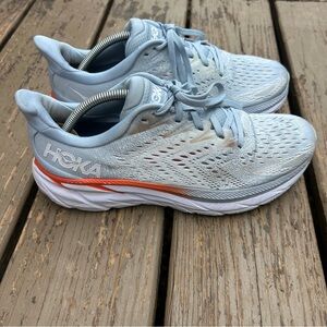 Women's Hoka Clifton 8 running shoes Light Blue White Orange | Size 9B